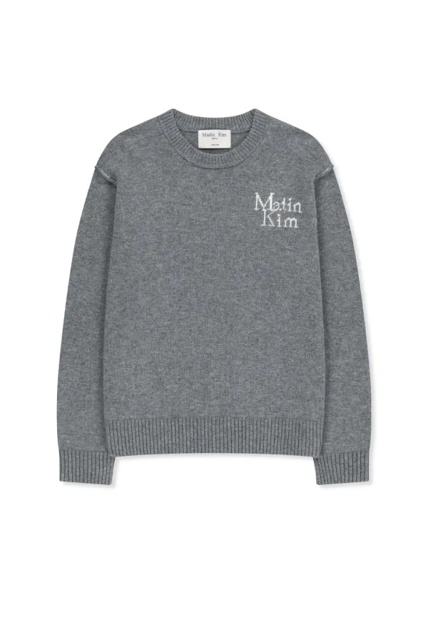 GRID LOGO CASHMERE BLENDED KNIT PULLOVER IN GREY