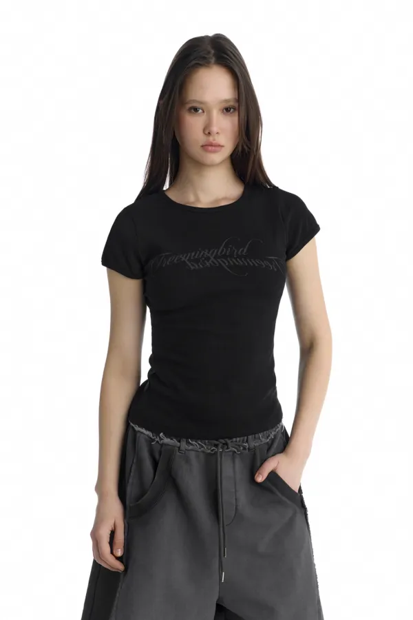 Double Script Logo Ribbed T-Shirt [ Black ]