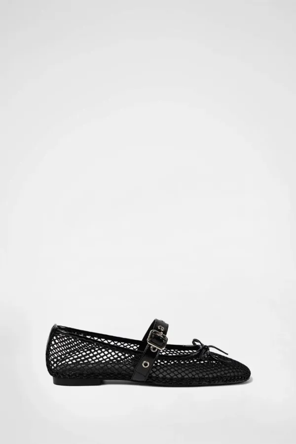 MESH BUCKLE STRAP BALLERINA FLAT / BLACK
