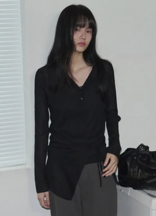 헨리넥 레이어드 세트 린넨 니트 탑 [BLACK]