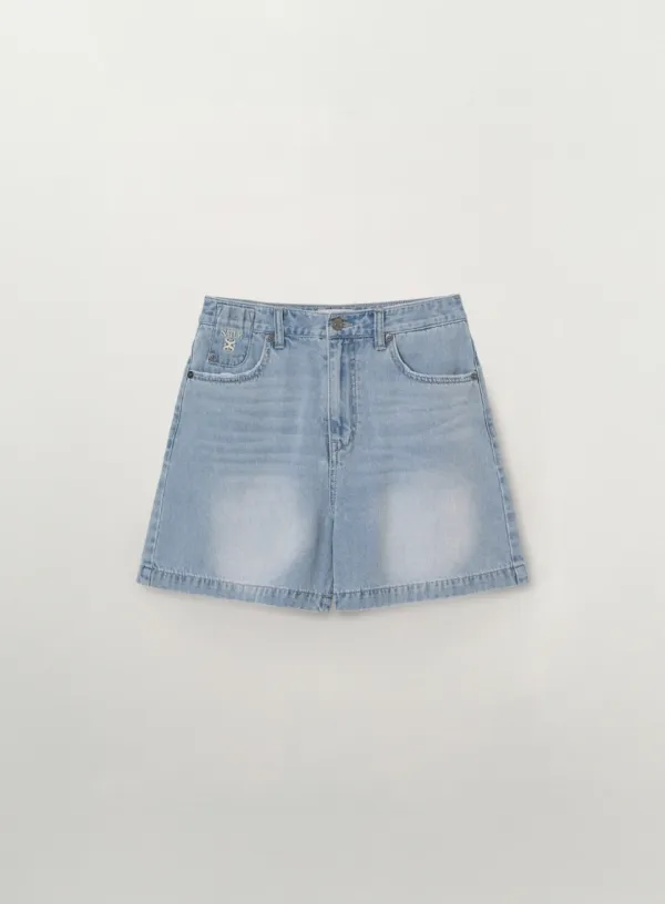 (W) Washed Denim Shorts - Light Blue