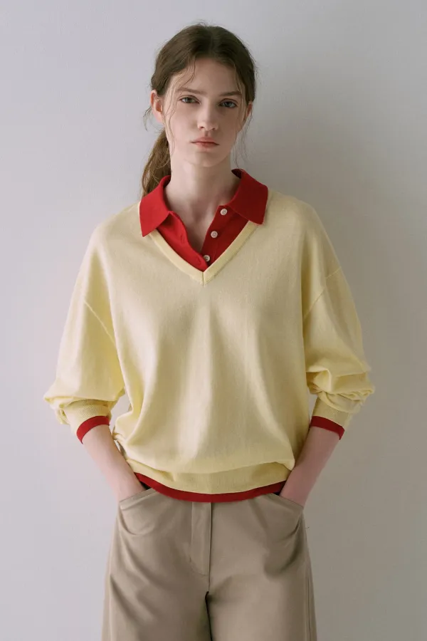 V-Neck Collar Layered Knit[LMBFSPKN304]-Light yellow