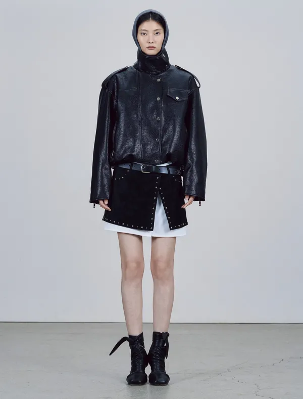 HIGH NECK FAUX LEATHER JACKET [BLACK]