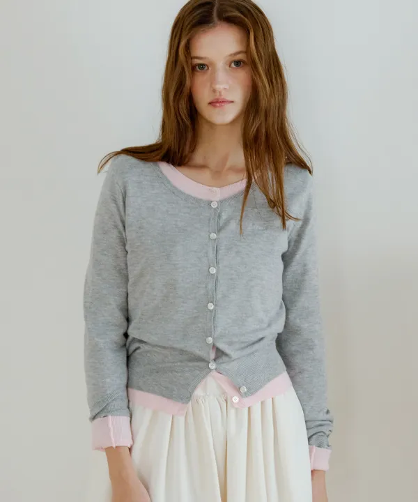 Letters U-neck Basic Cardigan ( Light Grey )