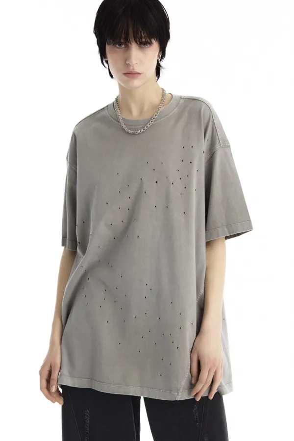 Distressed Garment Washed T-Shirt [ Light Gray ]