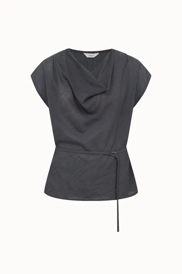 Pleats Drape Cap Sleeve Blouse[LMBFSUSH328]-Charcoal