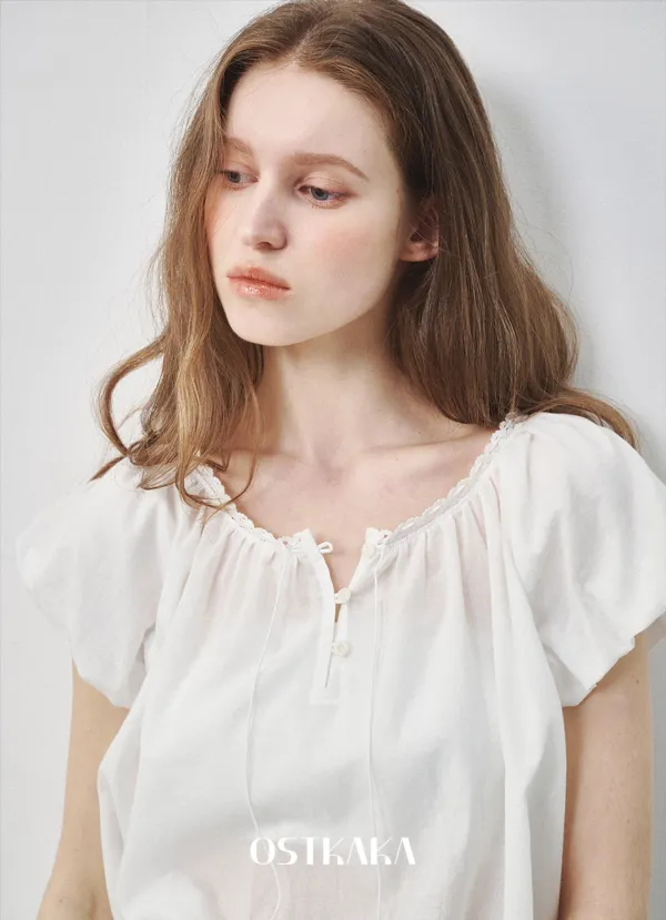 Lace Neck Volume Blouse Ivory