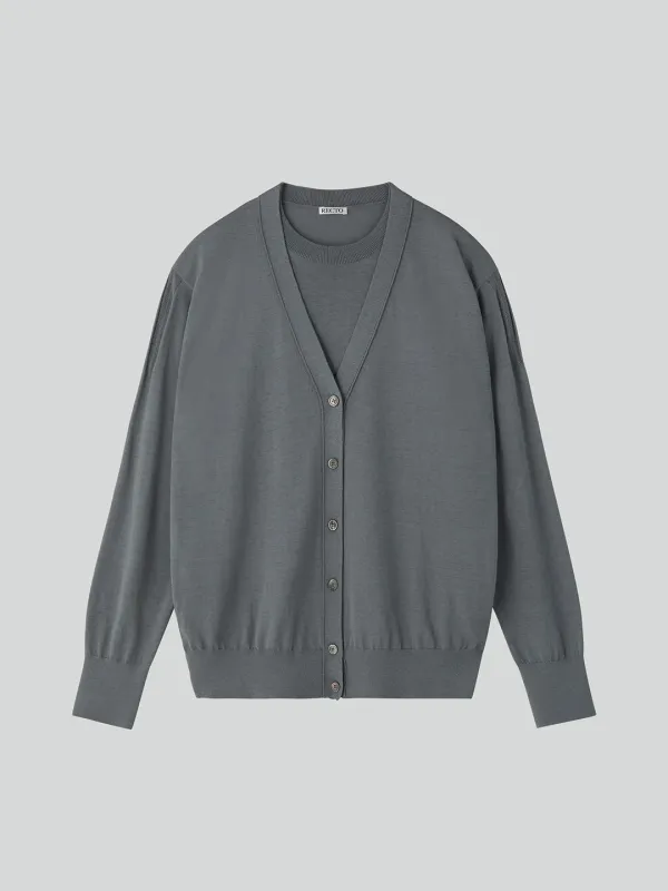 SILK-LINEN BLEND LAYERED KNIT TOP (COOL GREY)