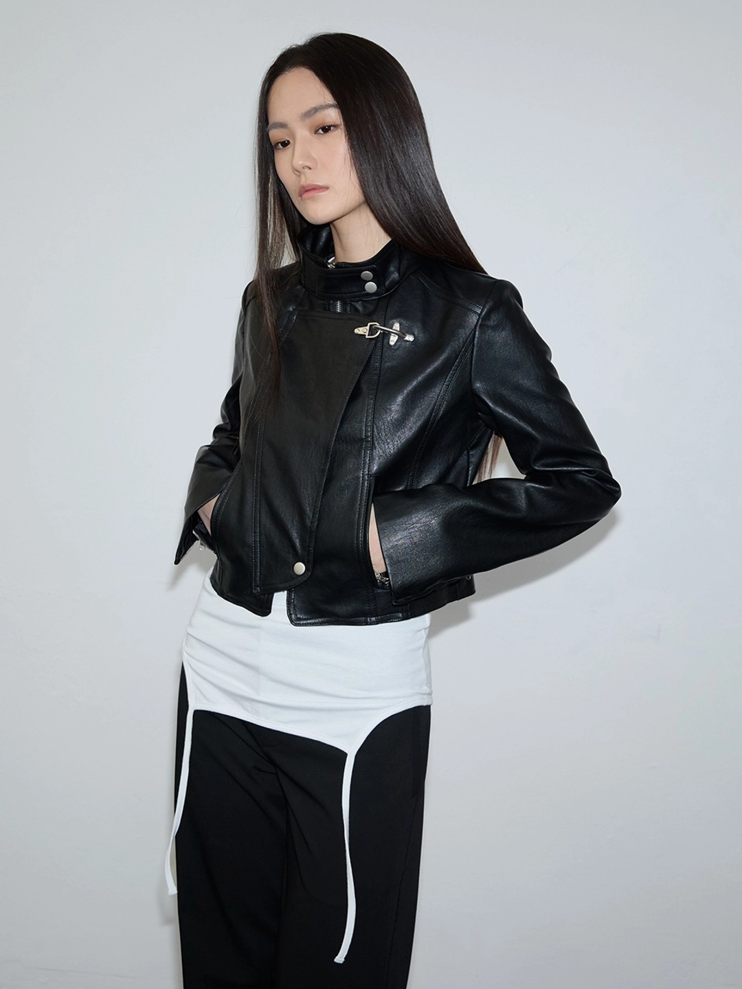 이네기 [2nd Reorder] Flight Leather Biker Jacket (black) 상품 이미지 1