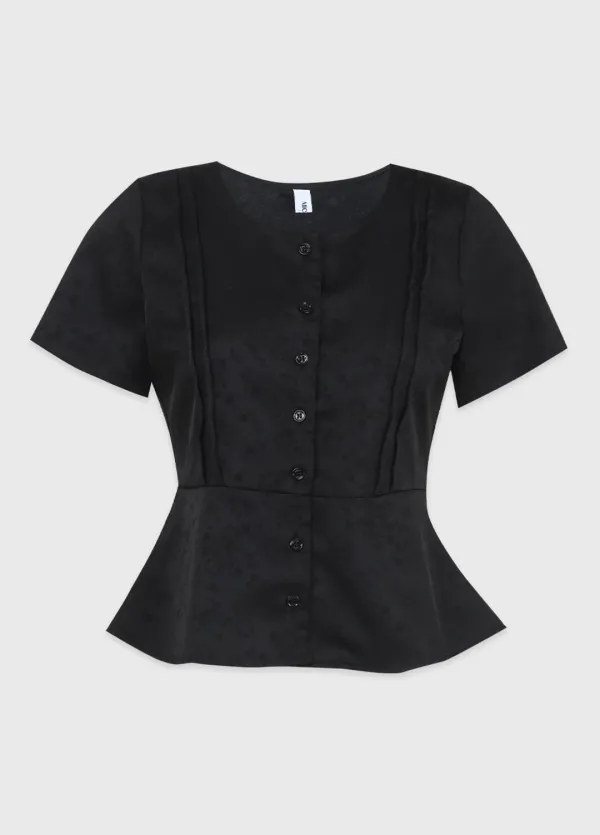  [44-120]  Crispin Floral Jacquard Pintuck Blouse  크리스핀 플로럴 자가드 핀턱 블라우스 (여름-여름하객-하객룩-격식룩-오피스룩-출근룩-미팅룩-데이트룩-반팔블라우스-여름블라우스-반소매-슬림핏-자체제작) 