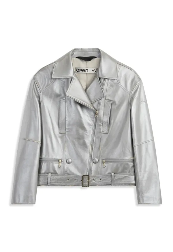 LEATHER MOTO JACKET, SILVER