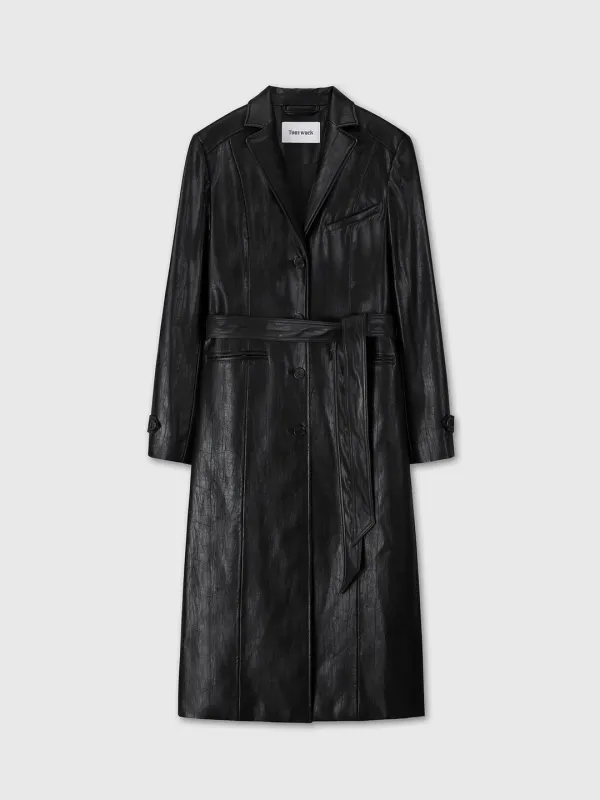 (W) FAUX LEATHER SINGLE-BREASTED LONG COAT_ BLACK