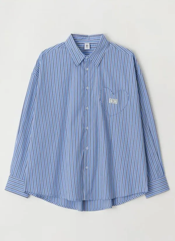 STRIPE STITCH HEART POCKET OVER FIT SHIRT BLUE