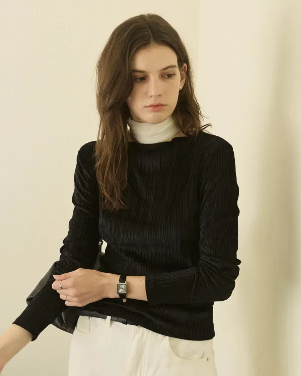 Wrinkle pleats boat neck t shirt - black