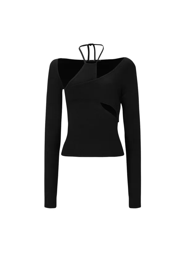 HALTER LAYERED SLEEVE T, BLACK
