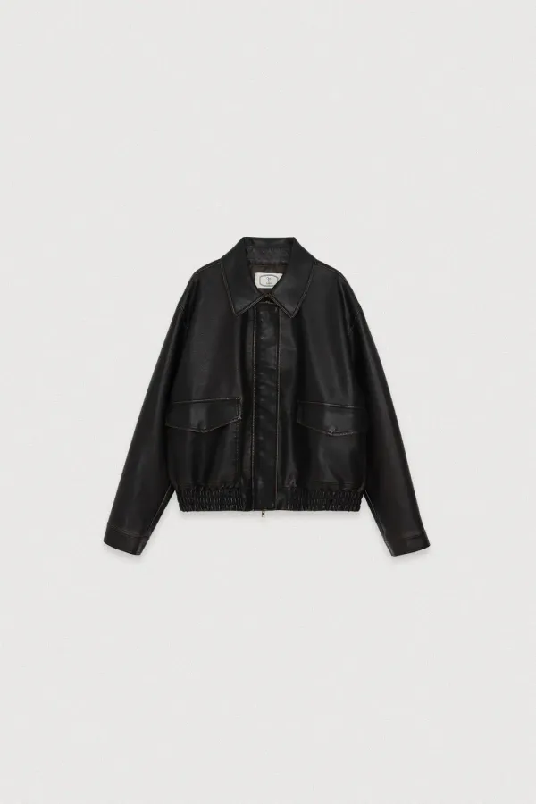 [11차 REORDER] WASHED LEATHER BOMBER JUMPER [DARK BROWN] - Chat de Lama