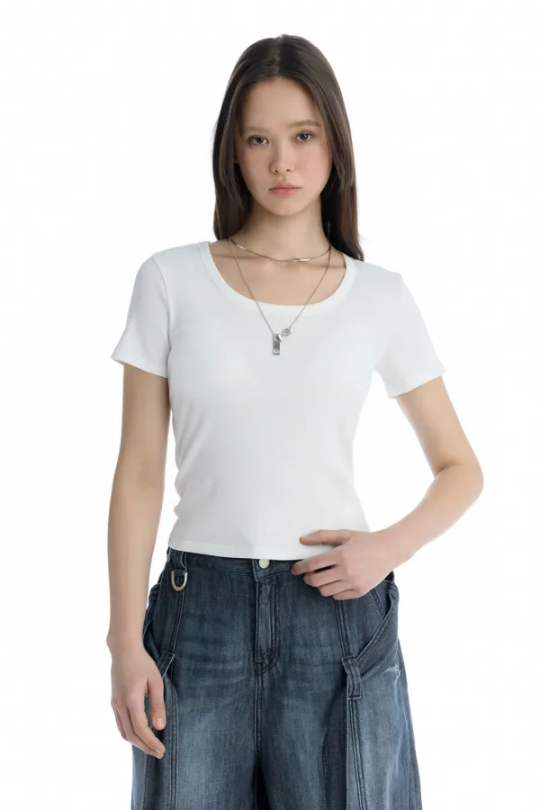 Essential U-Neck Ribbed T-Shirt [ White ]