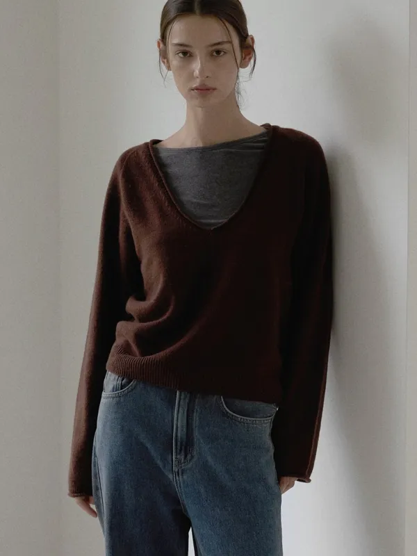 Wholegarment deep v-neck knit - Brown
