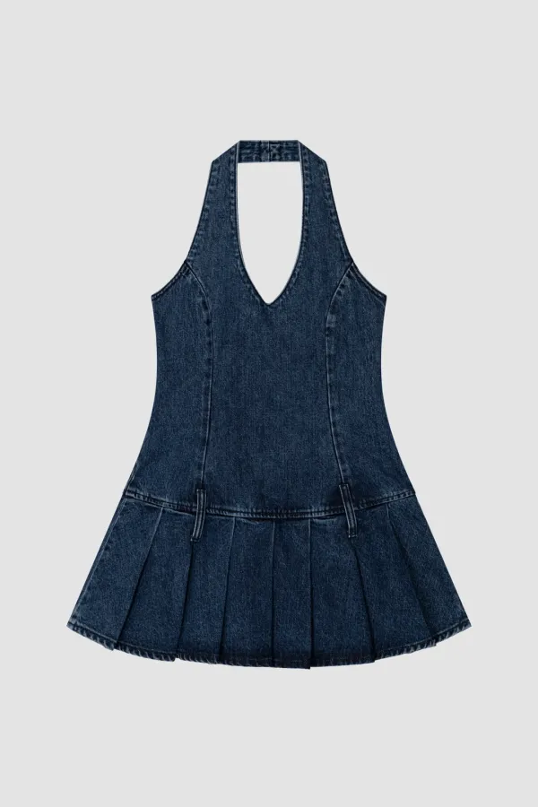 HALTER NECK PLEATED DENIM DRESS_INDIGO
