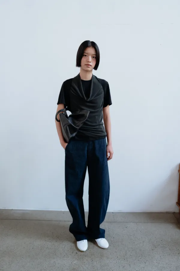 Cotton Denim Curve Pants (Dark Navy)