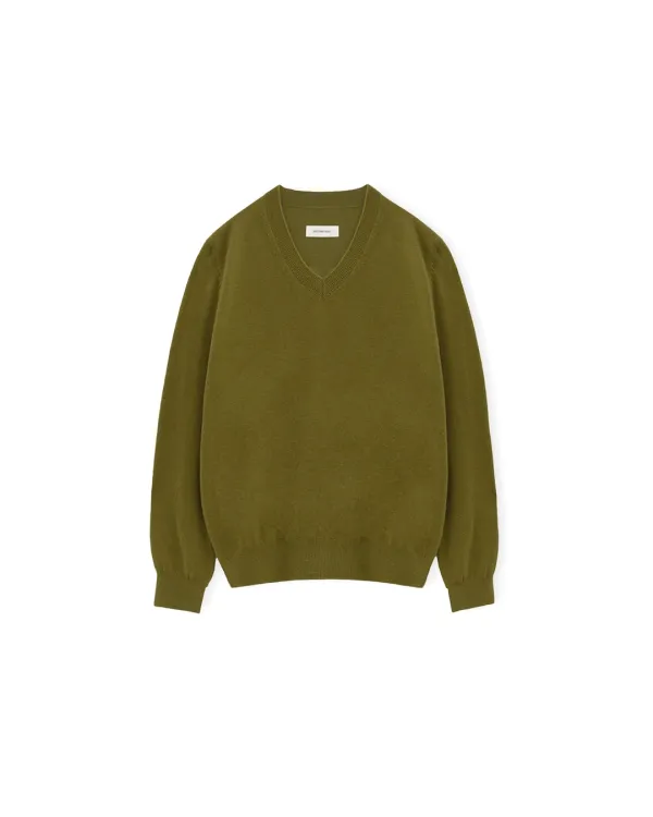W Extra Super Fine V Neck Knit, Olive