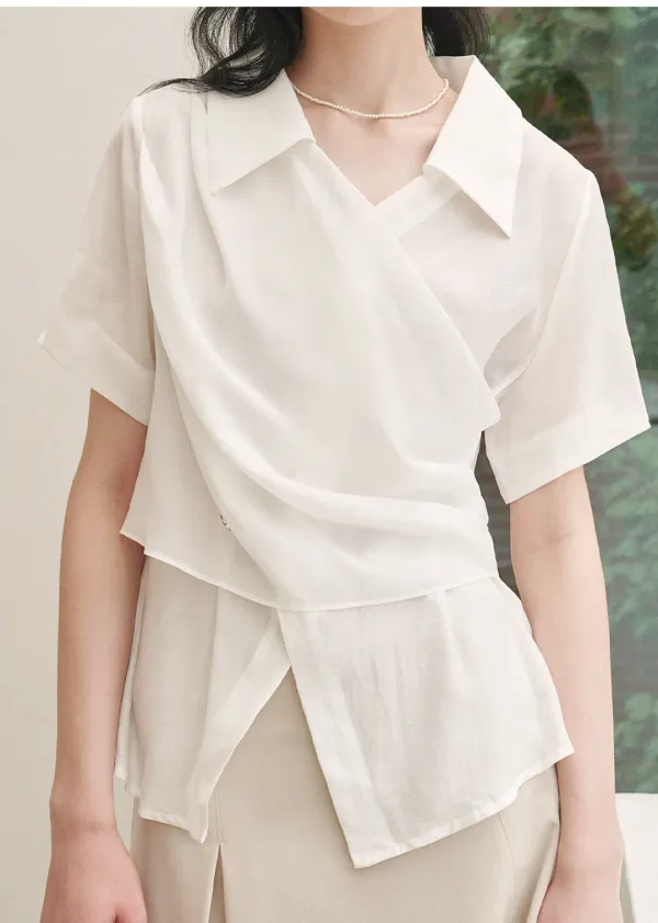  [44-120]  Florescence Flat-Collar Wrap Blouse  플로레센스 플랫카라 랩 블라우스 (여름-데일리룩-데이트룩-출근룩-하객룩-격식룩-카라블라우스-오픈카라-페미닌-러블리-여리블라우스-랩-빅사이즈-자체제작) 