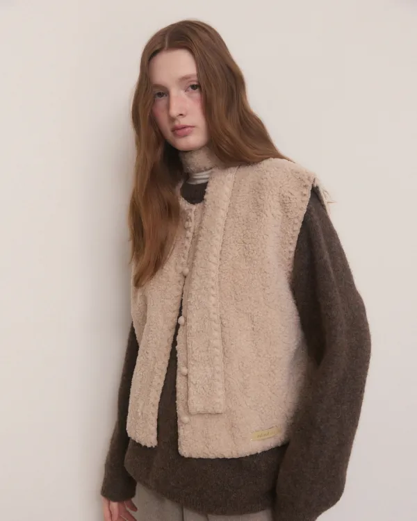 Suede button fleece muffler vest set - ash beige
