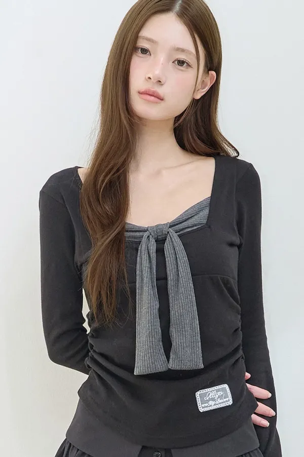 레이어드 리본 타이 롱슬리브 블랙