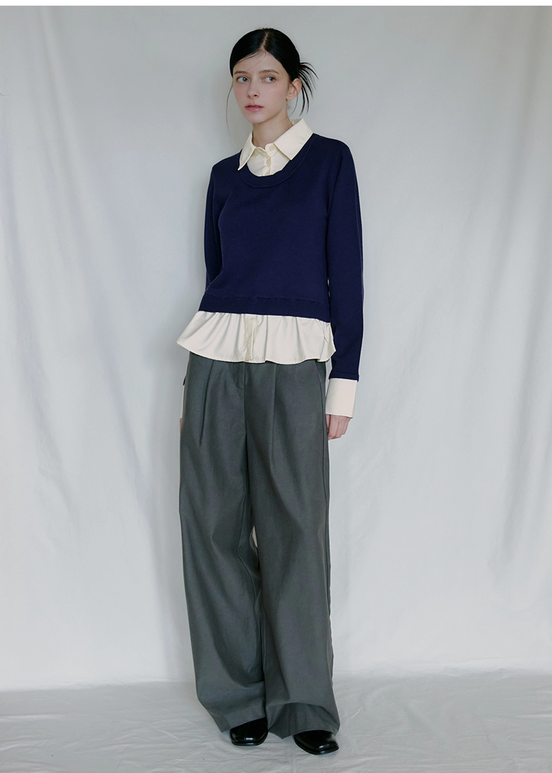미케네 [44-120]  Vaeline Layered Shirts Knit  베일린 레이어드 셔츠 니트 (가을-봄-데일리룩-출근룩-하객룩-격식룩-브이넥니트-셔츠-배색-레이어드-원웨어-긴팔니트-셔츠니트-페미닌-클래식-자체제작) 상품 이미지 2