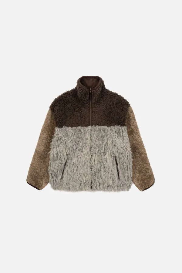 MIXED FUR FLEECE ZIPUP JACKET - KHAKI