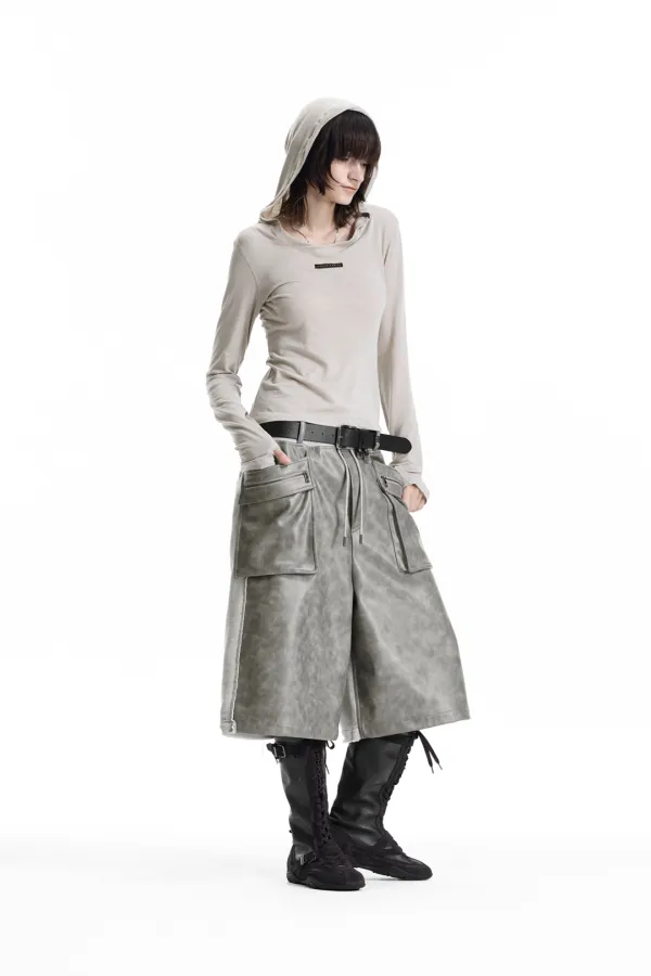 Leather-Panelled Cargo Bermuda Pants [ Gray ]
