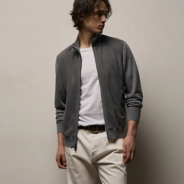 Ultrafine Cashmere Suede Front Zip Cardigan - Heather Grey