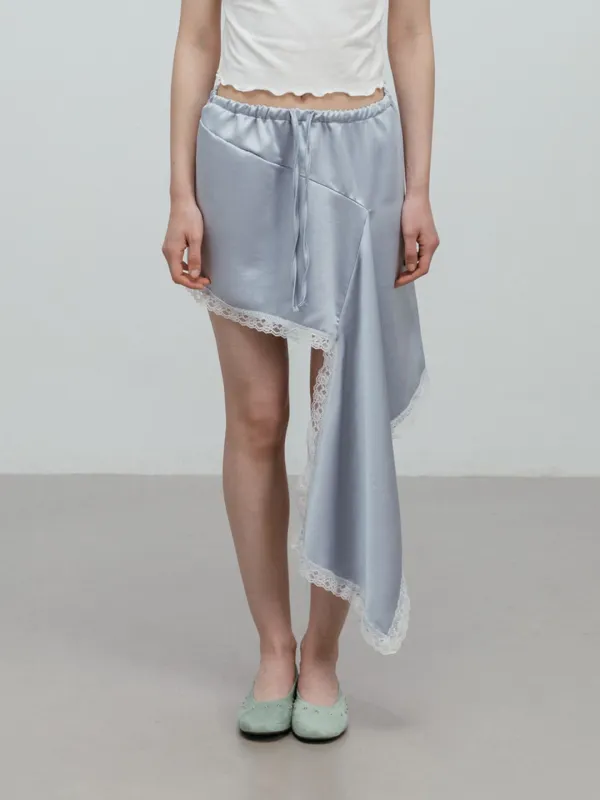 SATIN LACE UNBALANCED SKIRT / SKYBLUE