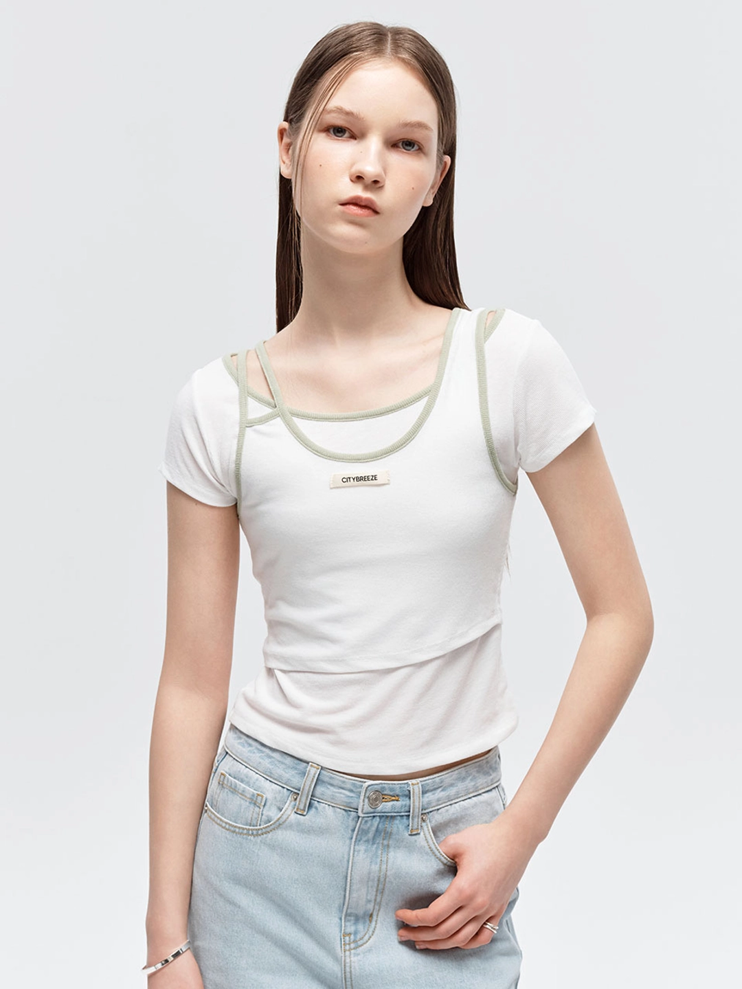 시티브리즈 배색 라인 레이어드 반팔 티셔츠_WHITE 상품 이미지 3