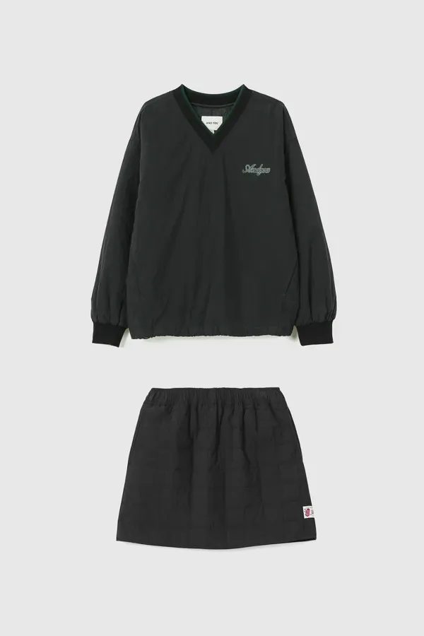 [SET]홀먼 브이넥 패딩 윈드 브레이커 + 에스코우 퀼팅 미니 스커트 (Black)