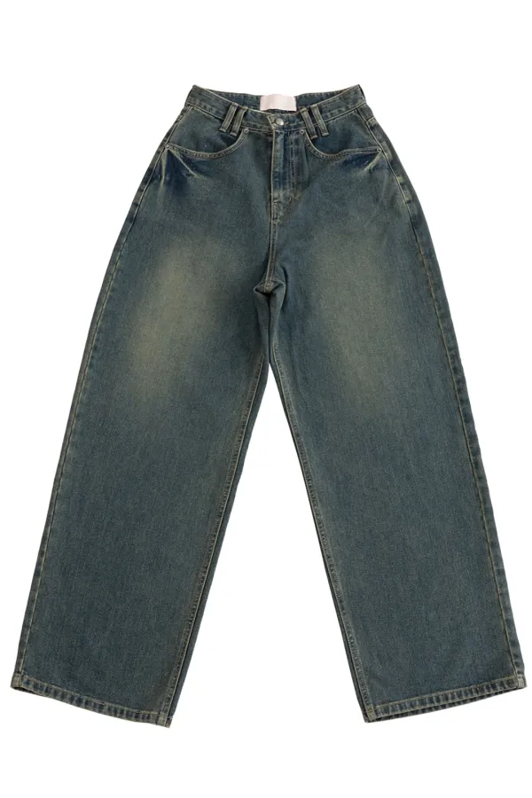 TINT WASH STONE LOGO LOOSE JEANS D.BLUE