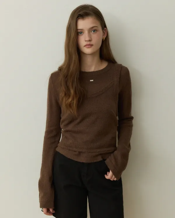 Multi hairy knit bustier set - brown