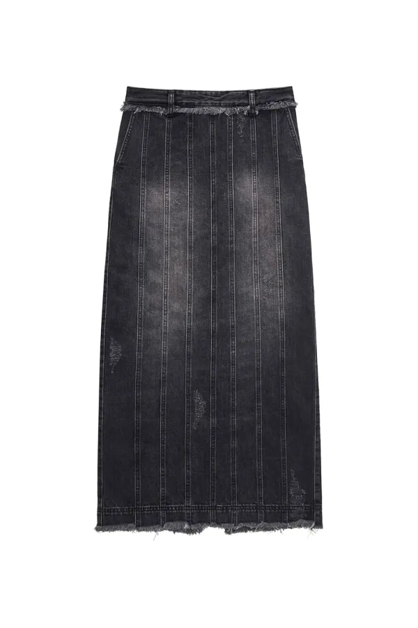 DENIM PANELLED LONG SKIRT (BLACK)
