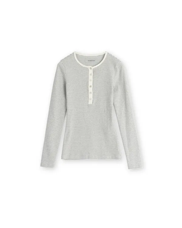 W Henley Neck Long Sleeve, Light Grey Stripe