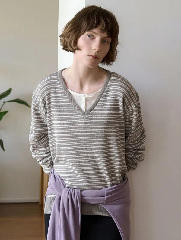 Contrast stripe V-neck knit_Wood Brown
