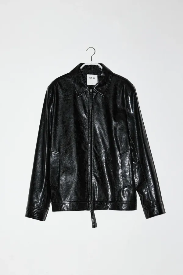 GLOSSY VEGAN LEATHER JACKET - BLACK