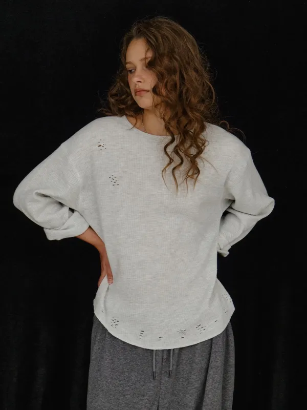 [PLZPROJECT][2차] DAMAGE WAFFLE LONG SLEEVE, WHITE MELANGE [ 10/14 예약배송 ]