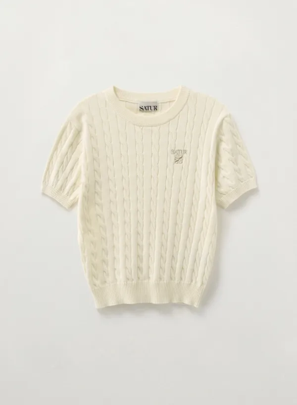 (W) Cable Crew Neck Half Knit - Cream