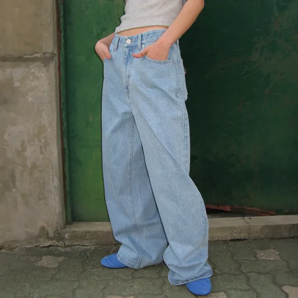 SIDE HEART EMBO WIDE DENIM PANTS LIGHT BLUE