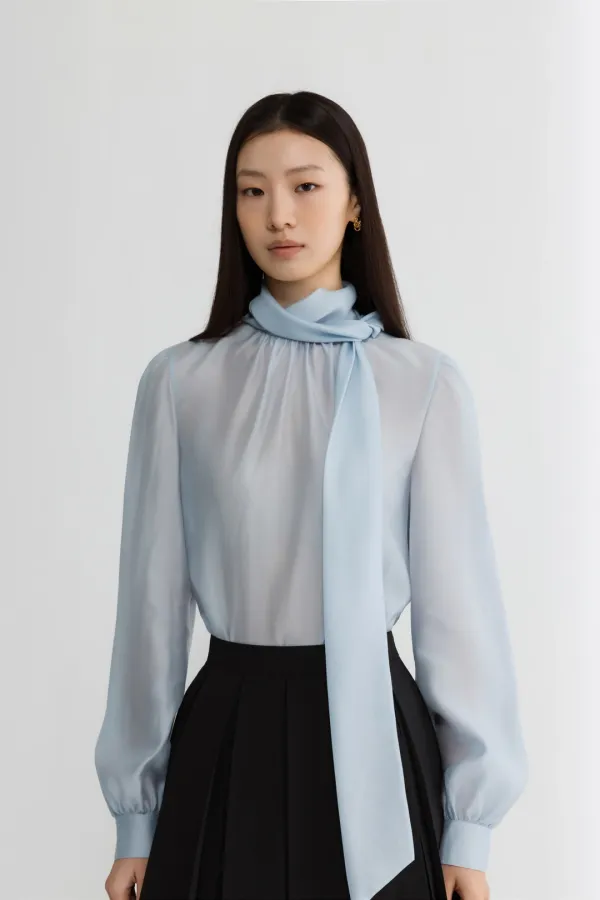 TENCEL TIE BLOUSE - BLUE