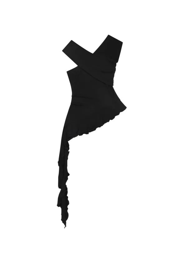[3RD] TUCK JERSEY RUFFLE TOP, BLACK