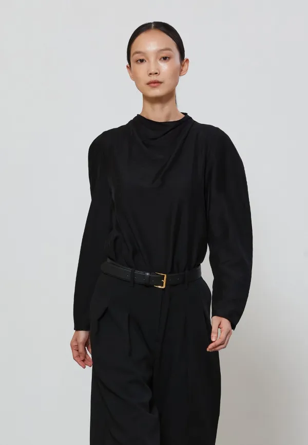 DRAPE HIGH NECK BLOUSE - BLACK