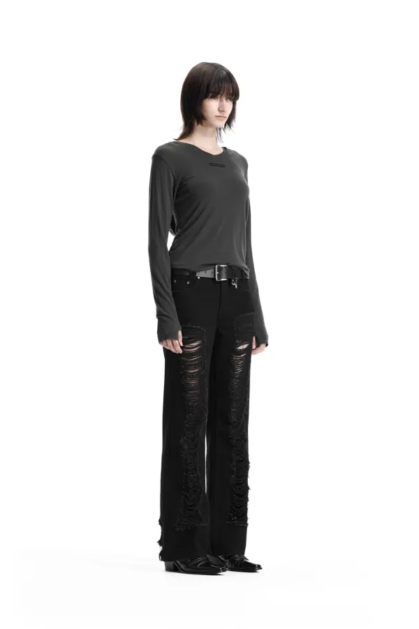 Raw-Cut Hooded Long Sleeve T-Shirt [ Charcoal ]