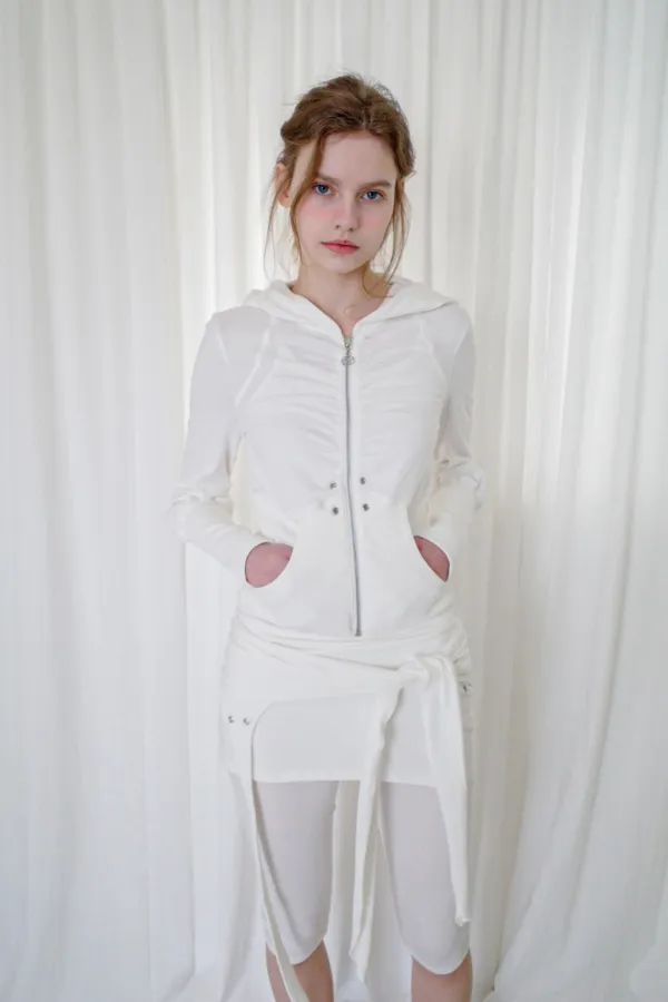 SHIRRING EYELET HOOD ZIPUP (IVO)