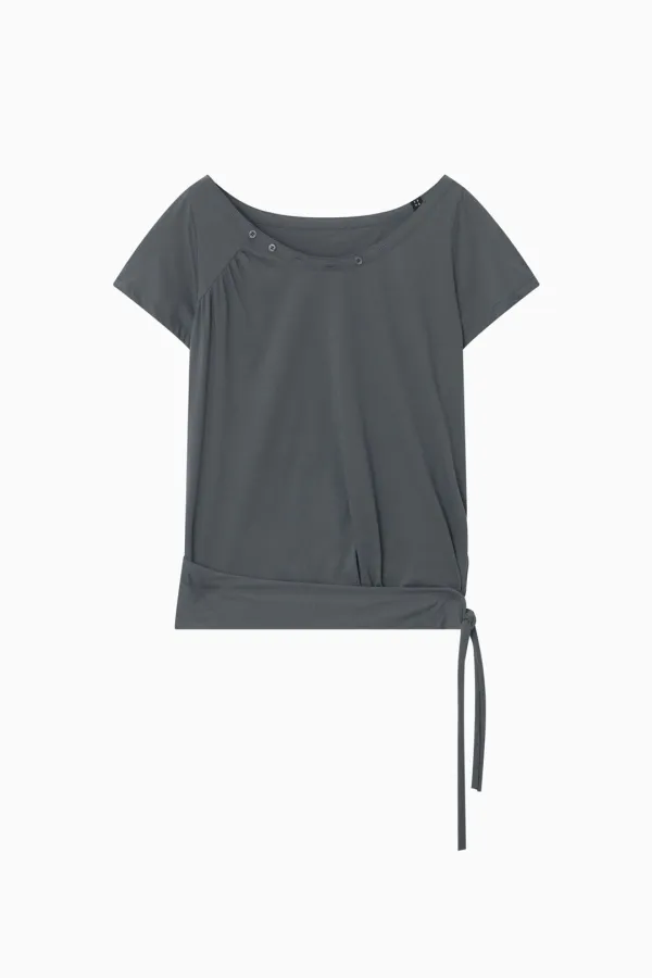 ONE-SHOULDER WRAP T-SHIRT, CHARCOAL